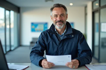 Homme conducteur de camion français présentant ses documents
