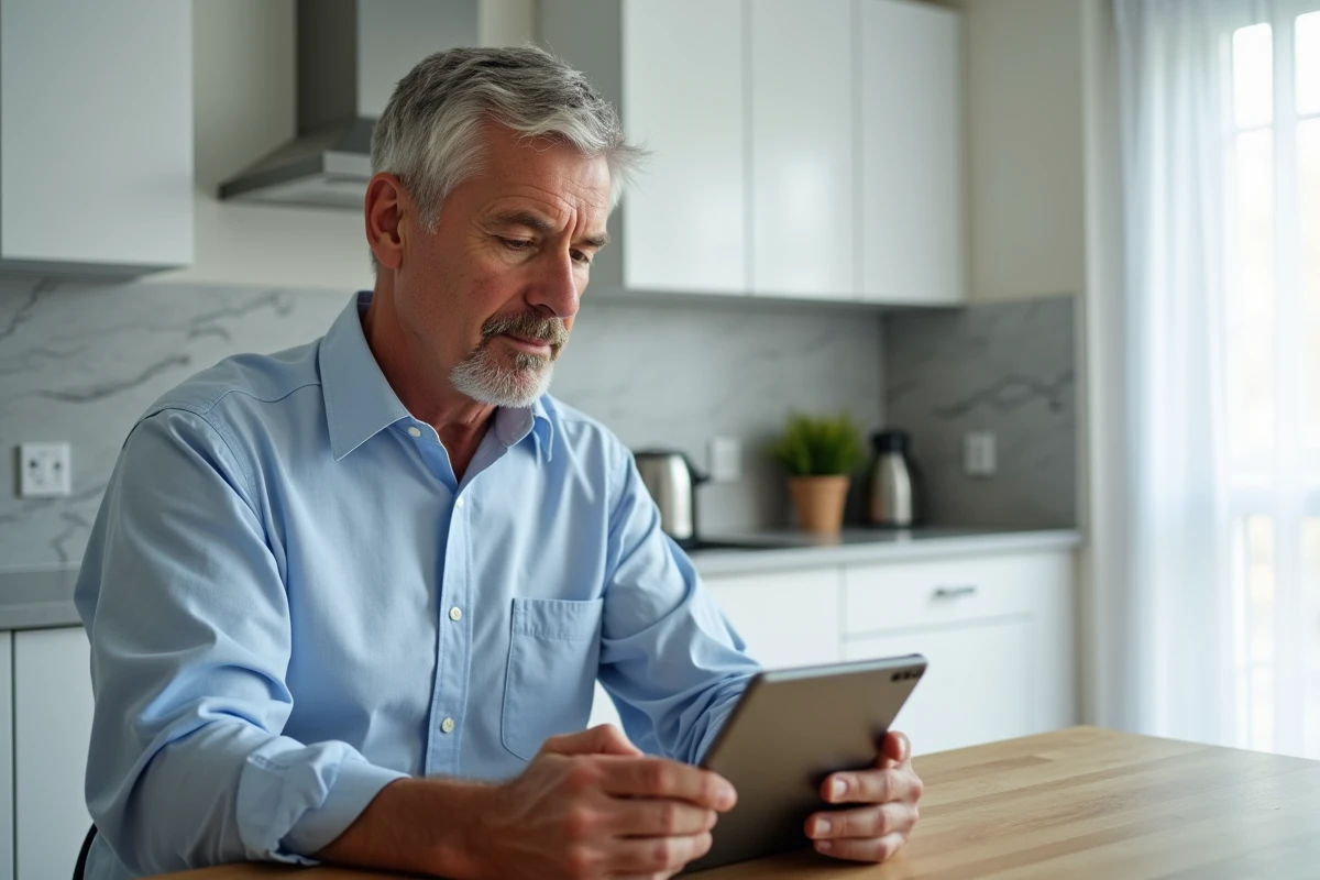 Parent configurant l'application ENT sur tablette et smartphone dans une cuisine moderne