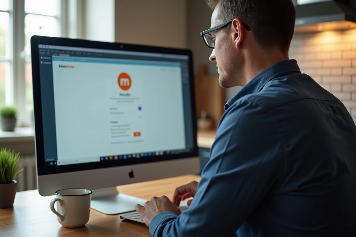 Homme configurant l'accès à Moodle GRETA depuis un ordinateur de bureau dans une cuisine moderne