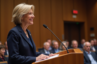 Femme conférencière souriante au podium lors d'une conférence