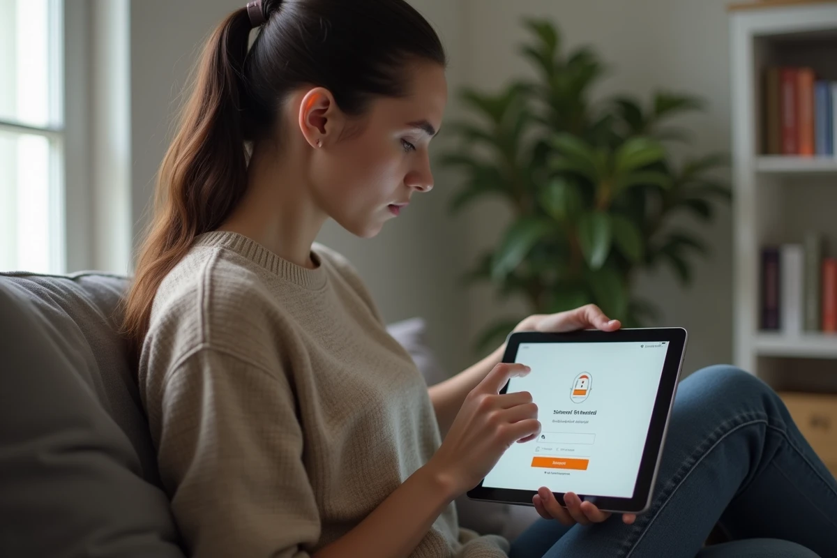 Jeune femme tentant de se connecter à l'ENT Aisne sur une tablette depuis son domicile avec un message d'erreur de connexion
