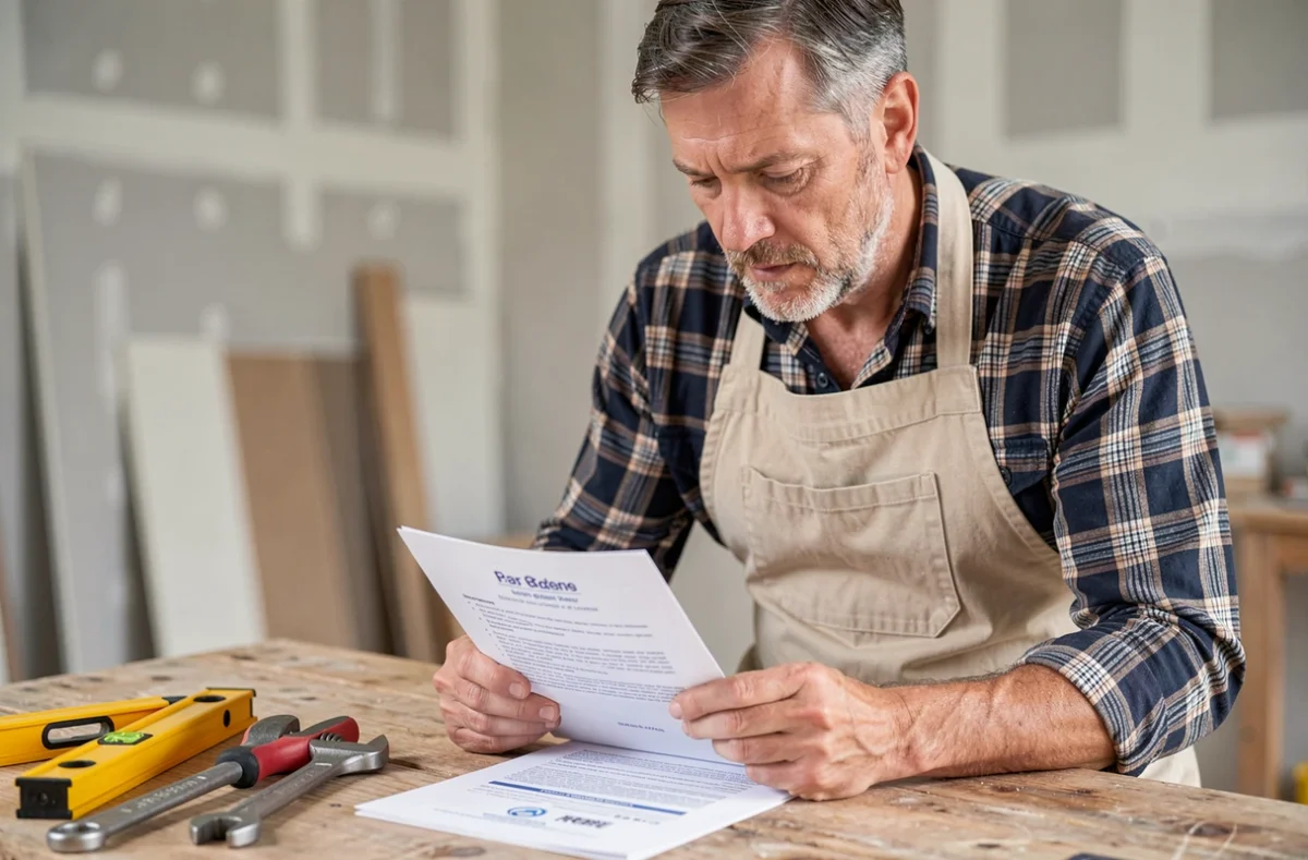 Artisan bricoleur examinant le contenu et le tarif d'une formation certifiante sur son établi
