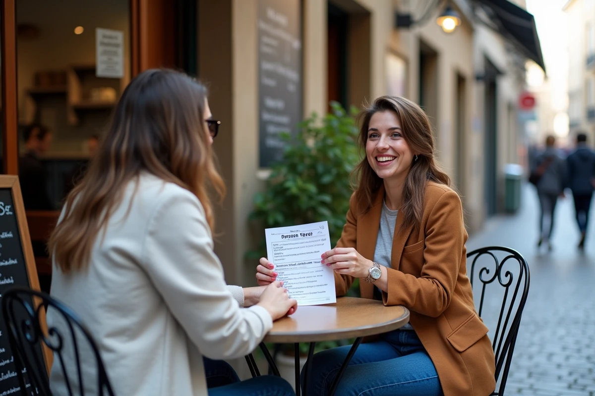 Deux amis pratiquant la conjugaison du verbe tener au passé simple espagnol dans un café en plein air