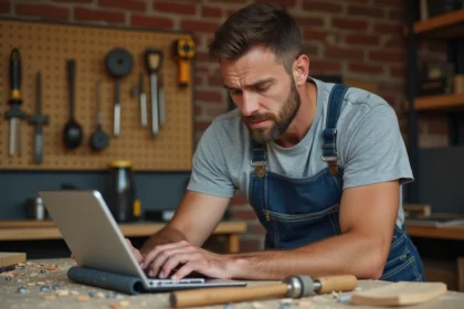 Homme suivant un cours de bricolage en ligne sur tablette dans un atelier maison avec outils et établi en bois