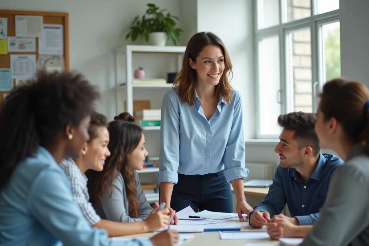 Agent administratif montrant un portail étudiant à des étudiants