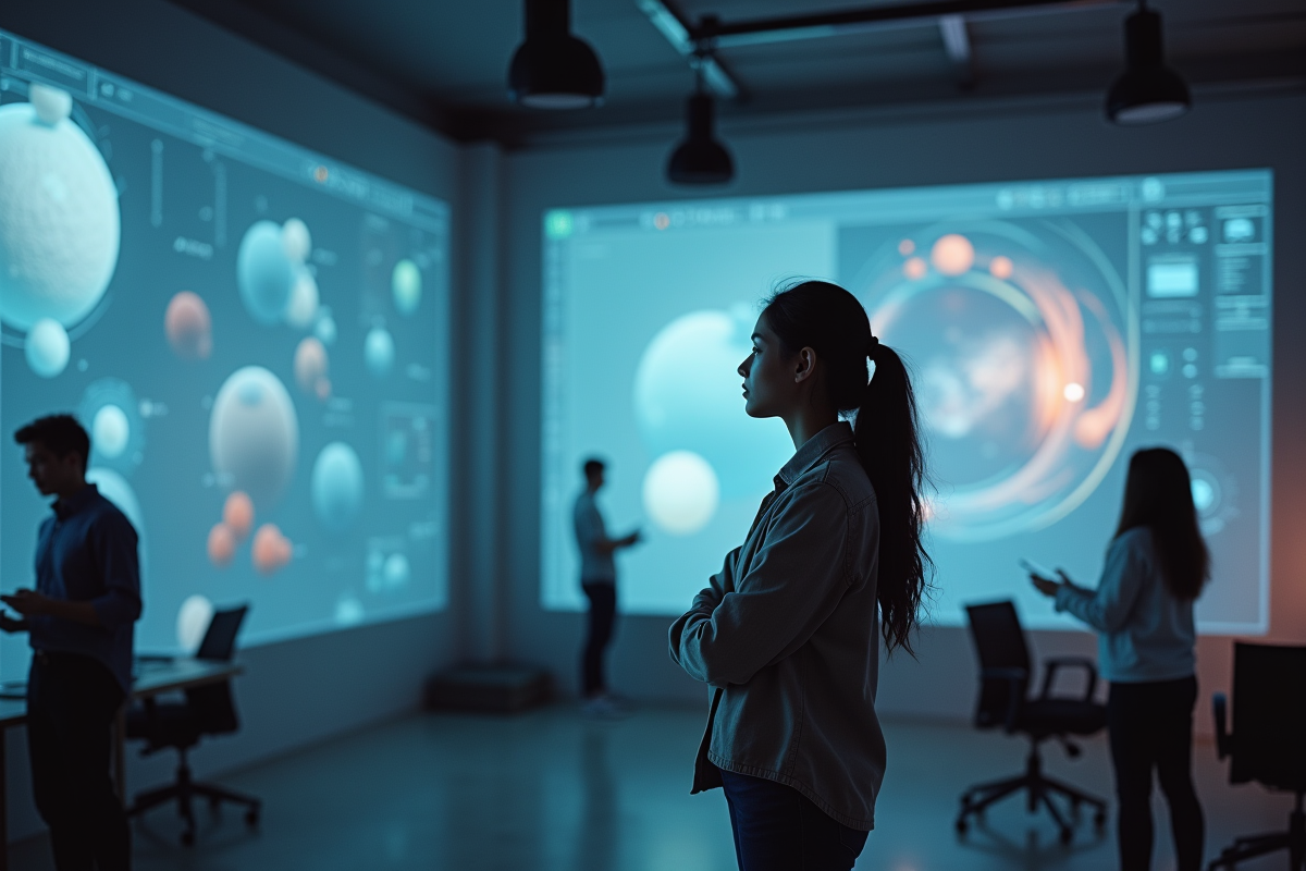 Jeune femme designer regardant un écran d art numérique