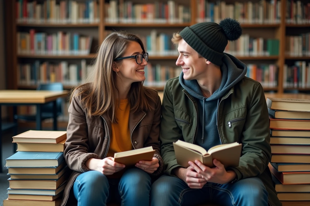 Deux lycéens de terminale discutant du coefficient de philosophie au bac dans une bibliothèque