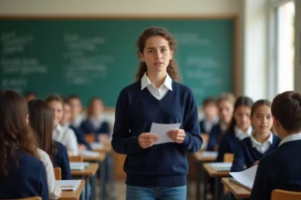 Jeune fille faisant son discours de délégué de classe devant ses camarades dans une salle de cours