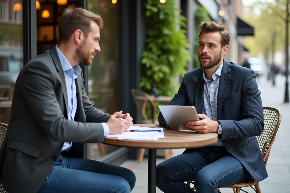 Jeune homme discutant avec conseiller financier au café