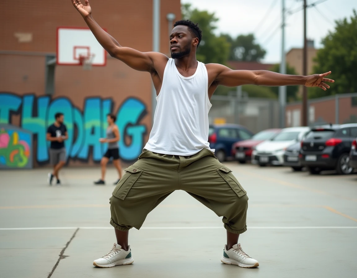 Homme en échauffement de Kuduro sur un terrain de basket urbain avec fresques murales colorées en arrière-plan