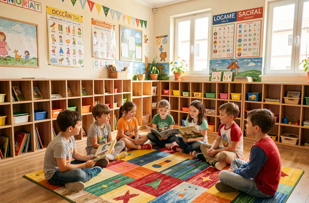 Jeunes élèves en immersion occitane dans une salle de classe de l'École Calandreta