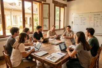 Étudiants diversifiés suivant des cours de langues dans une école moderne de l'Hérault