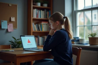 Adolescente frustrée devant un écran d'ordinateur affichant une erreur de connexion à l'ENT scolaire SCOLAWEB