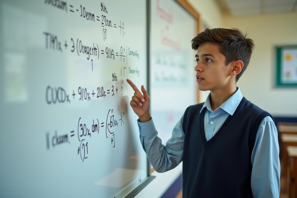Adolescent expliquant des formules mathématiques au tableau