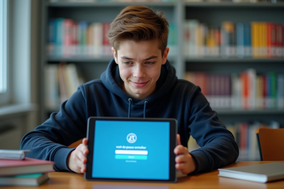 Élève lycéen consultant la page de récupération de mot de passe sur une tablette en bibliothèque scolaire