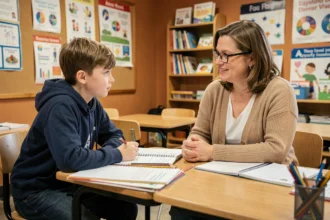 Élève en dispositif ULIS écoutant son enseignante spécialisée dans une salle de classe adaptée