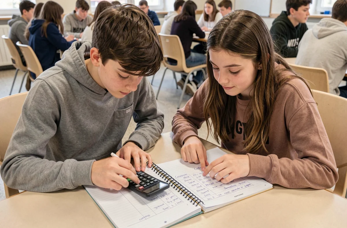 Deux élèves calculant ensemble leur moyenne avec coefficient sur un carnet dans un espace commun scolaire