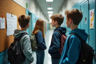 Élèves du collège consultant l'emploi du temps affiché dans le couloir