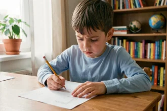 Jeune garçon concentré qui remplit un questionnaire de test de QI à son bureau à la maison