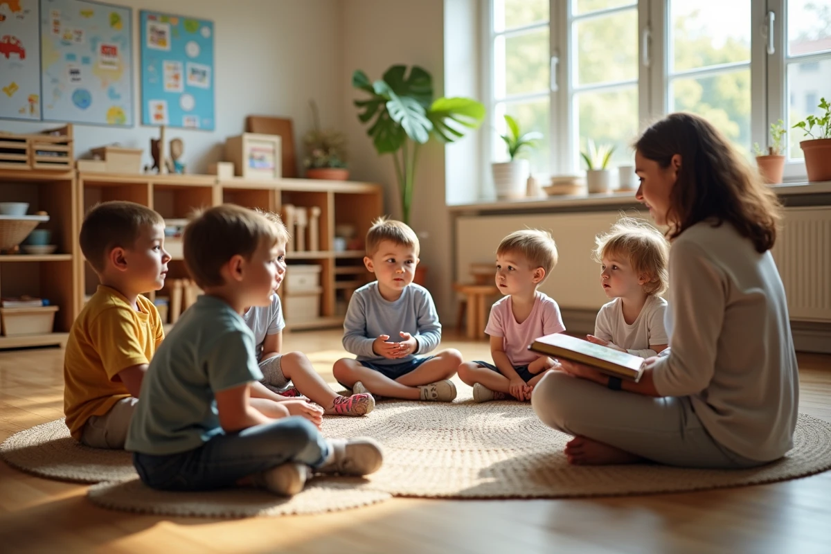 Groupe d enfants en cercle écoutant leur professeur dans une classe Montessori