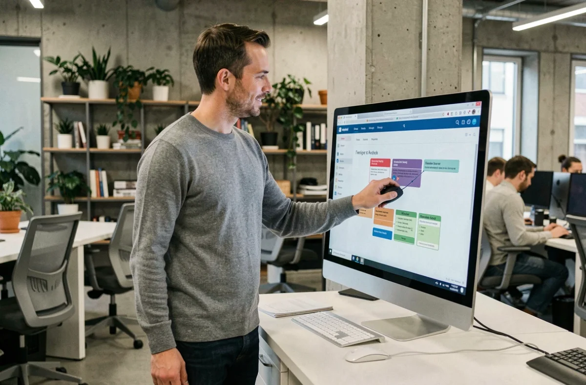 Enseignant masculin configurant des modules de cours sur une plateforme Moodle dans un espace de travail universitaire partagé