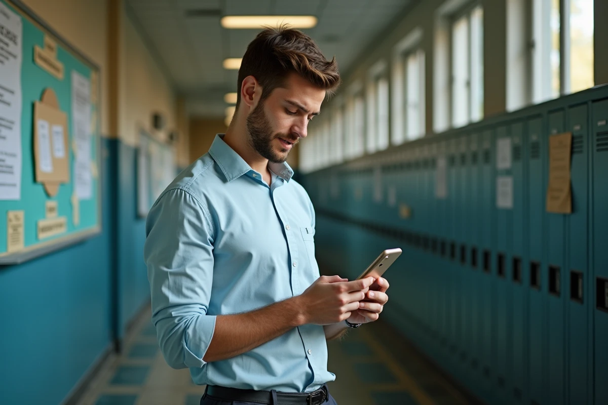 Jeune enseignant débutant consultant les aides financières disponibles sur son smartphone dans le couloir d'un collège