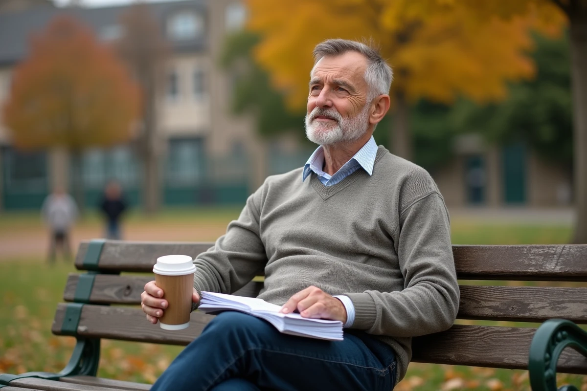 Enseignant masculin assis dehors sur un banc avec livres et café