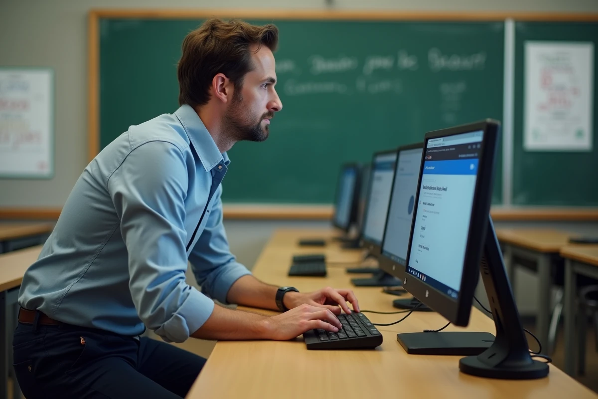 Enseignant tentant de résoudre une panne de connexion sur le portail SCOLAWEB depuis un ordinateur en salle de classe