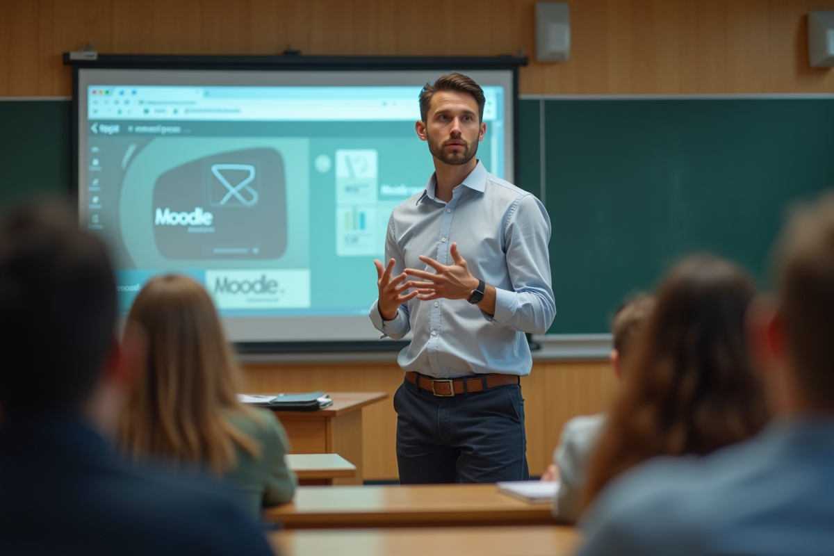 Jeune enseignant devant un amphithéâtre avec interface Moodle projetée
