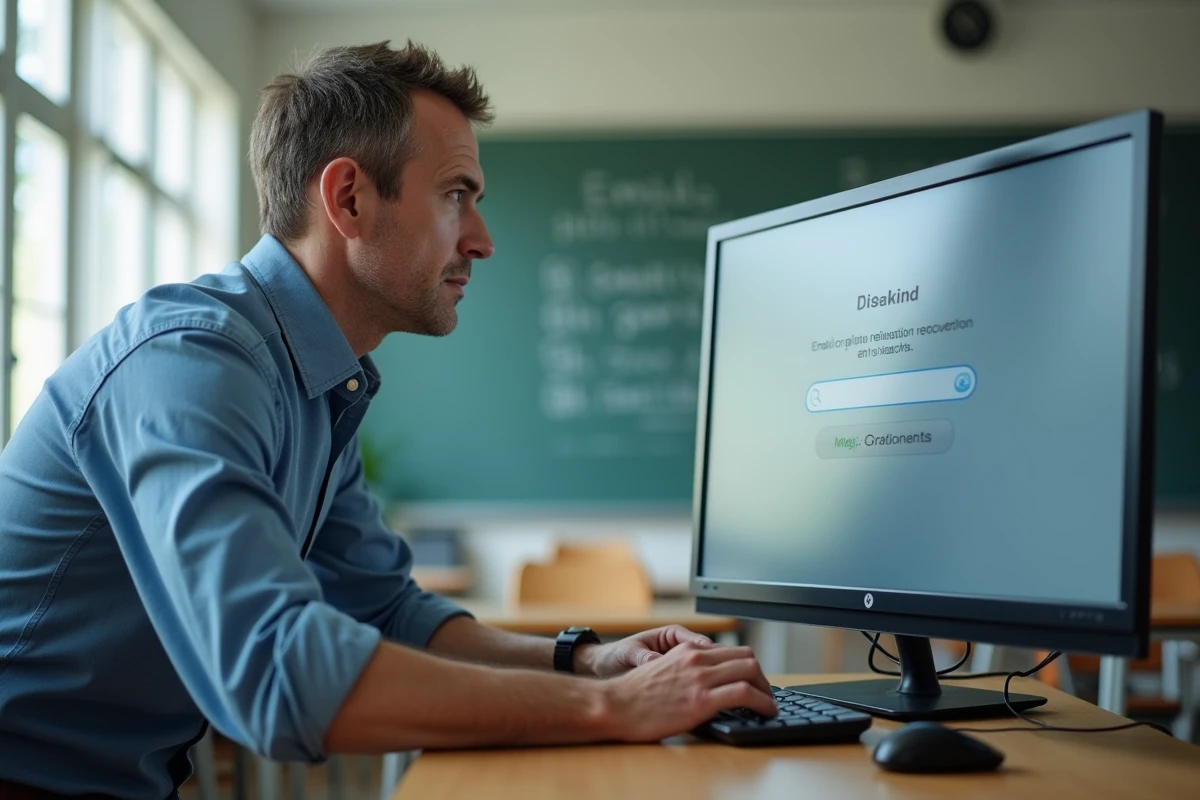 Enseignant utilisant la récupération de compte sur un ordinateur de bureau dans une salle de classe