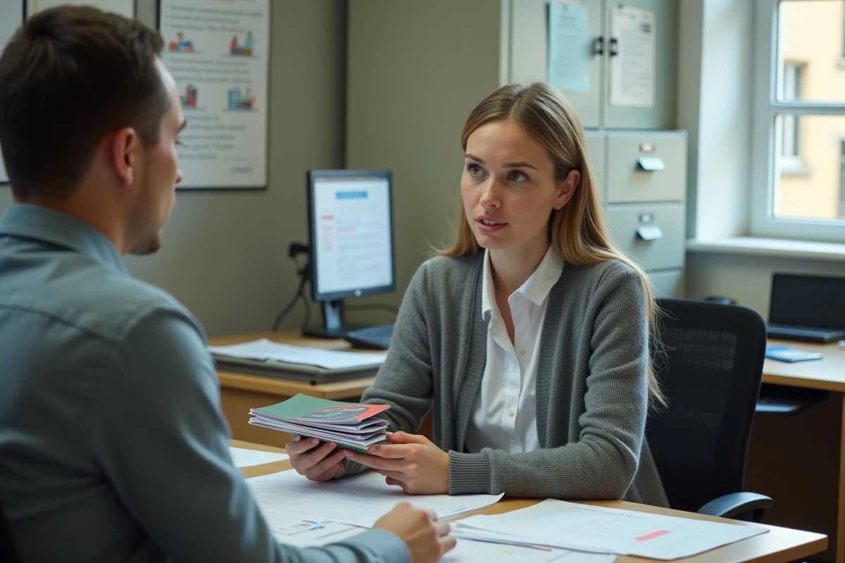Enseignante débutante en rendez-vous administratif pour demander ses primes et aides salariales dans le secrétariat d'un établissement scolaire