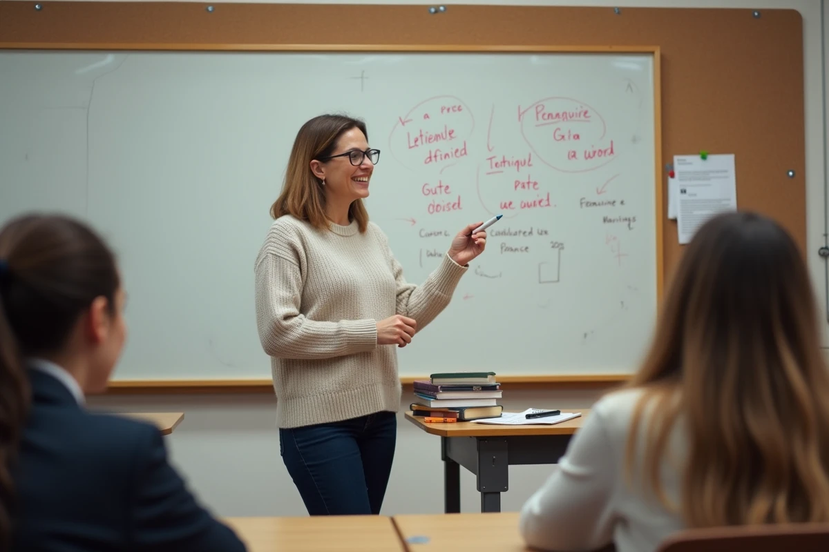 Professeur expliquant les articles français devant tableau blanc