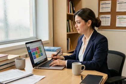 Enseignante universitaire organisant ses cours sur Moodle UHA depuis son bureau académique
