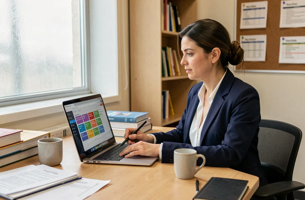 Enseignante universitaire organisant ses cours sur Moodle UHA depuis son bureau académique