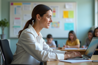 Professeure assise à son bureau utilisant une plateforme d'apprentissage en ligne