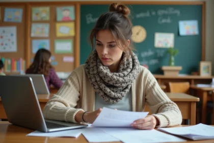 Enseignante primaire en cardigan et foulard dans sa classe chaleureuse