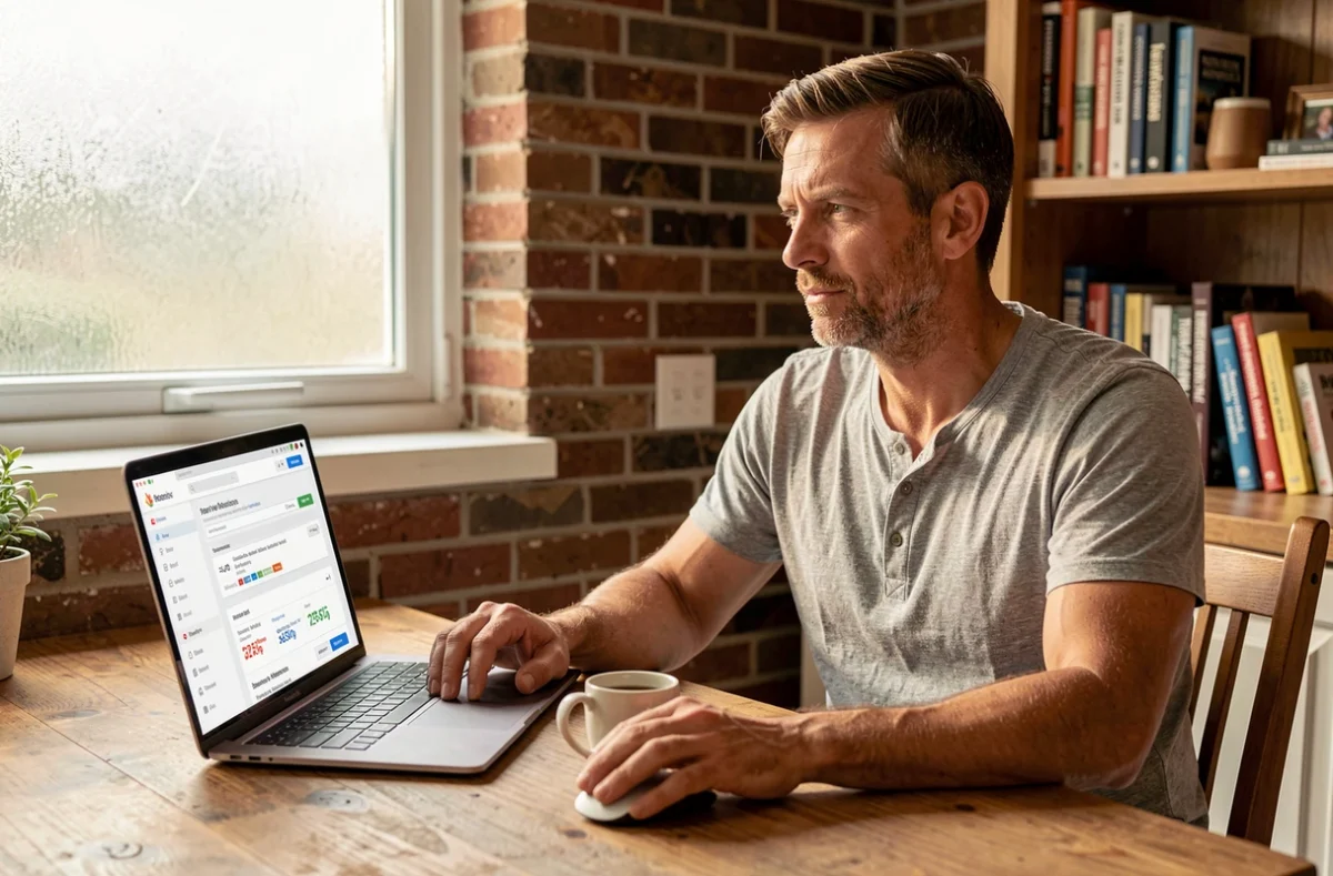 Entrepreneur à domicile comparant les offres tarifaires d'un outil d'emailing professionnel sur son laptop