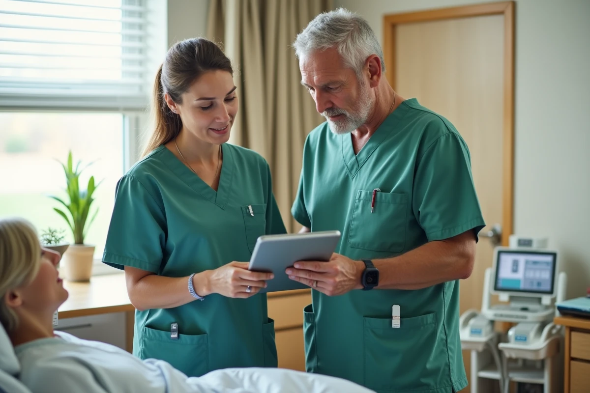 Deux aides-soignants collaborant autour d'un suivi de soins numérique dans un service de rééducation, reflétant l'amélioration de la qualité des soins grâce aux nouveaux actes 2026