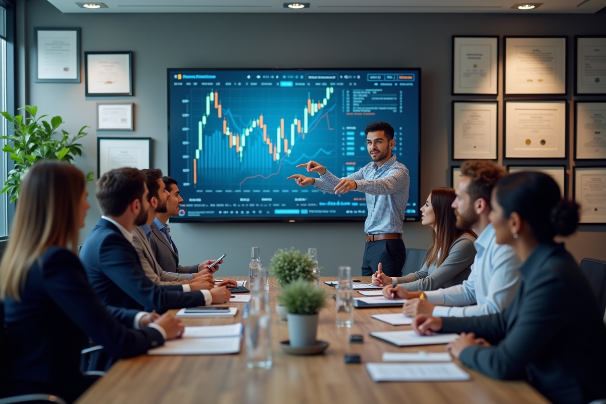 Groupe de professionnels analysant des graphiques financiers en réunion