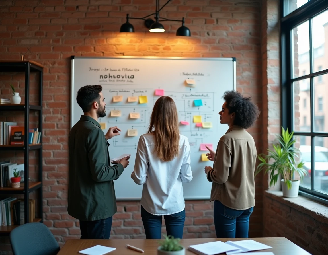 Groupe de jeunes professionnels collaborant sur une stratégie marketing dans un espace de coworking, représentant les opportunités de carrière après un bac STMG