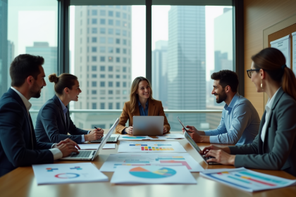 Equipe de professionnels en réunion autour de diagrammes de projet