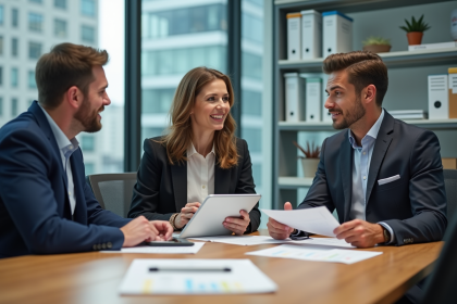Groupe de trois professionnels en réunion de travail