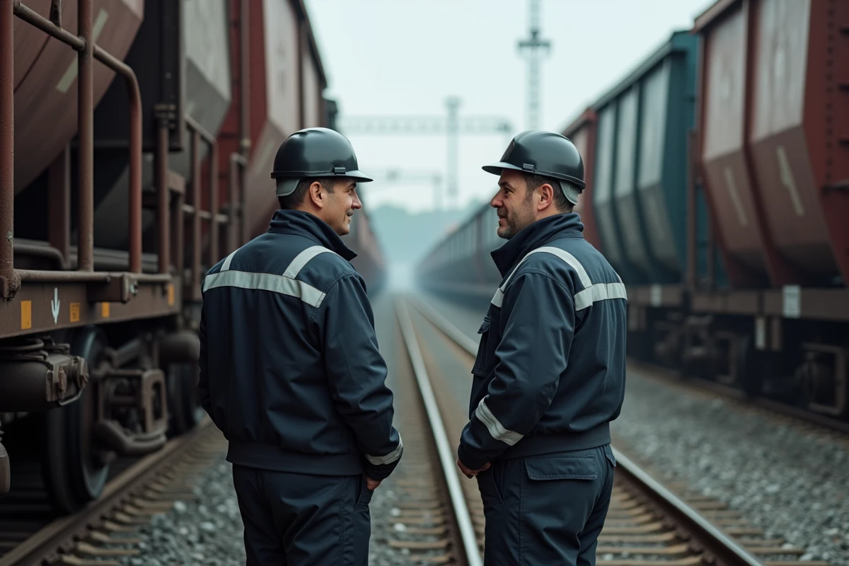Deux wagonistes en discussion devant un wagon de marchandises dans une gare de triage