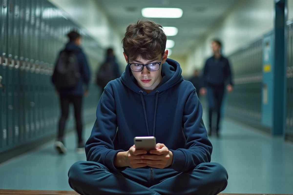 Adolescent face à une erreur d'application ENT sur son téléphone dans un couloir scolaire
