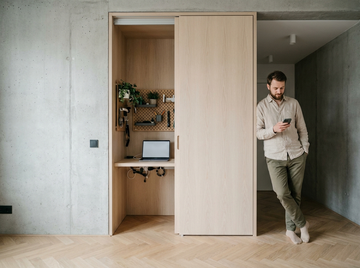 Homme découvrant un espace de travail dissimulé derrière un panneau coulissant dans un appartement scandinave