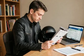 Jeune homme en veste de moto étudiant le code de la route moto à son bureau avec un ordinateur portable
