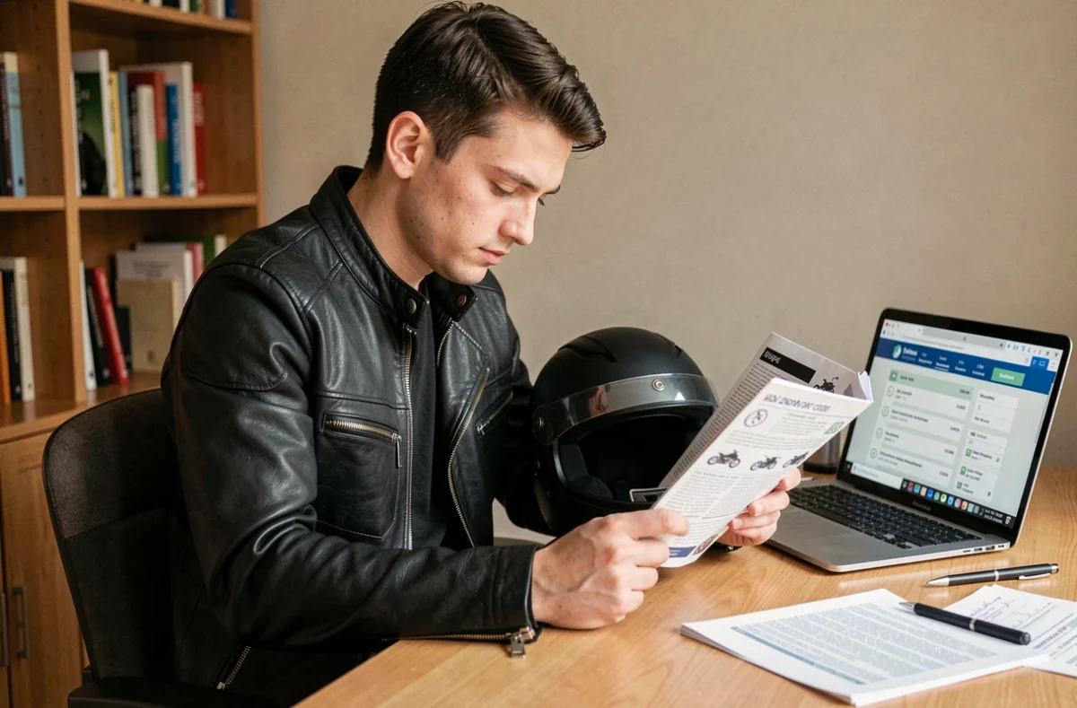 Jeune homme en veste de moto étudiant le code de la route moto à son bureau avec un ordinateur portable