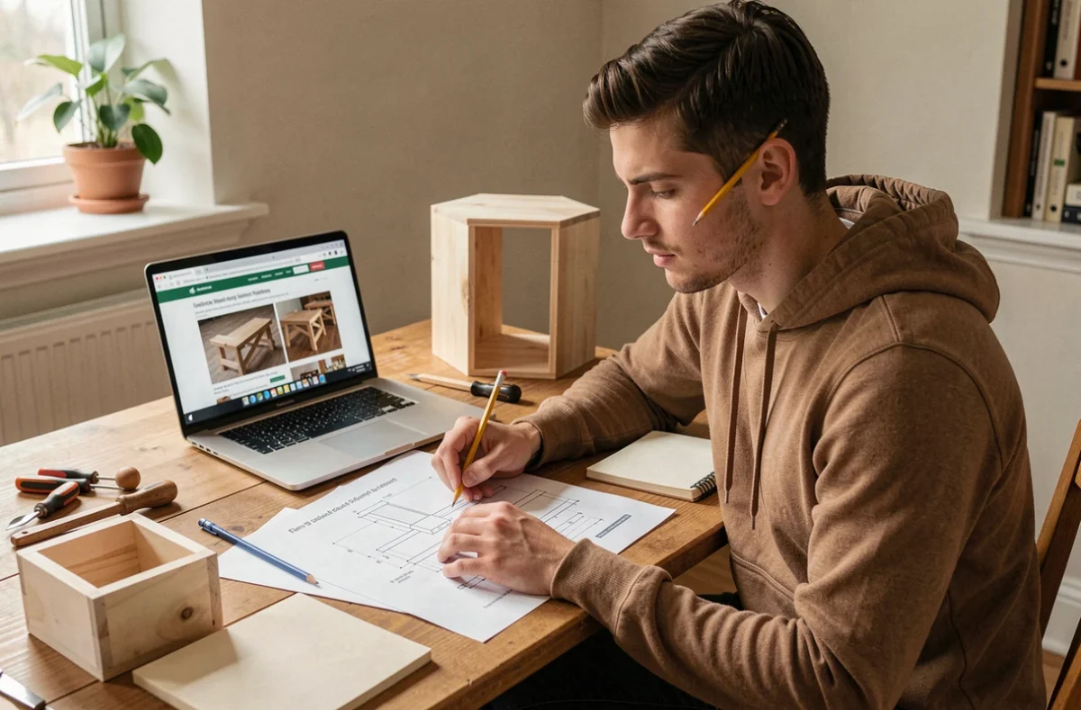 Jeune homme étudiant des plans de menuiserie à son bureau avec un ordinateur portable, apprenant le bricolage en ligne de façon progressive