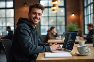 Étudiant en alternance développeur web travaillant sur du code HTML dans un espace de co-working moderne