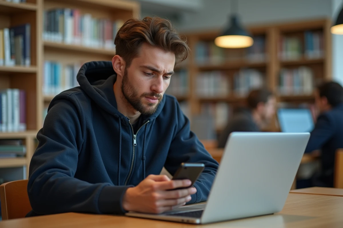 Étudiant consultant son téléphone et son ordinateur portable face à une erreur de connexion dans une bibliothèque universitaire